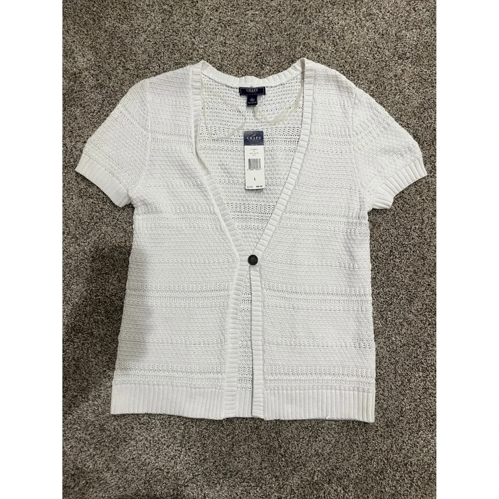 Chaps Denim Santorini White Knit Short Sleeve Button‎ Cardigan Sweater Large NWT